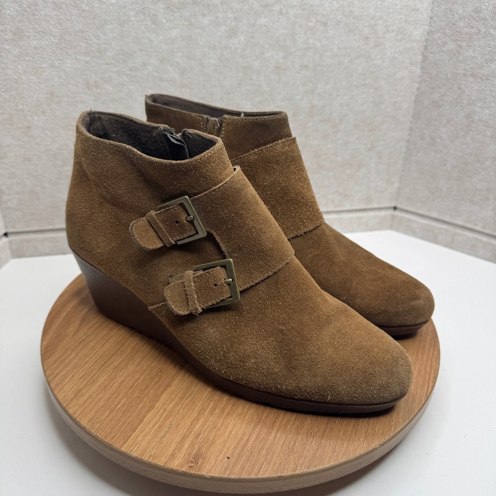 Munro Drew Suede Leather Ankle Boot Booties Buckle Wedge Heeled Brown shoes 10M‎